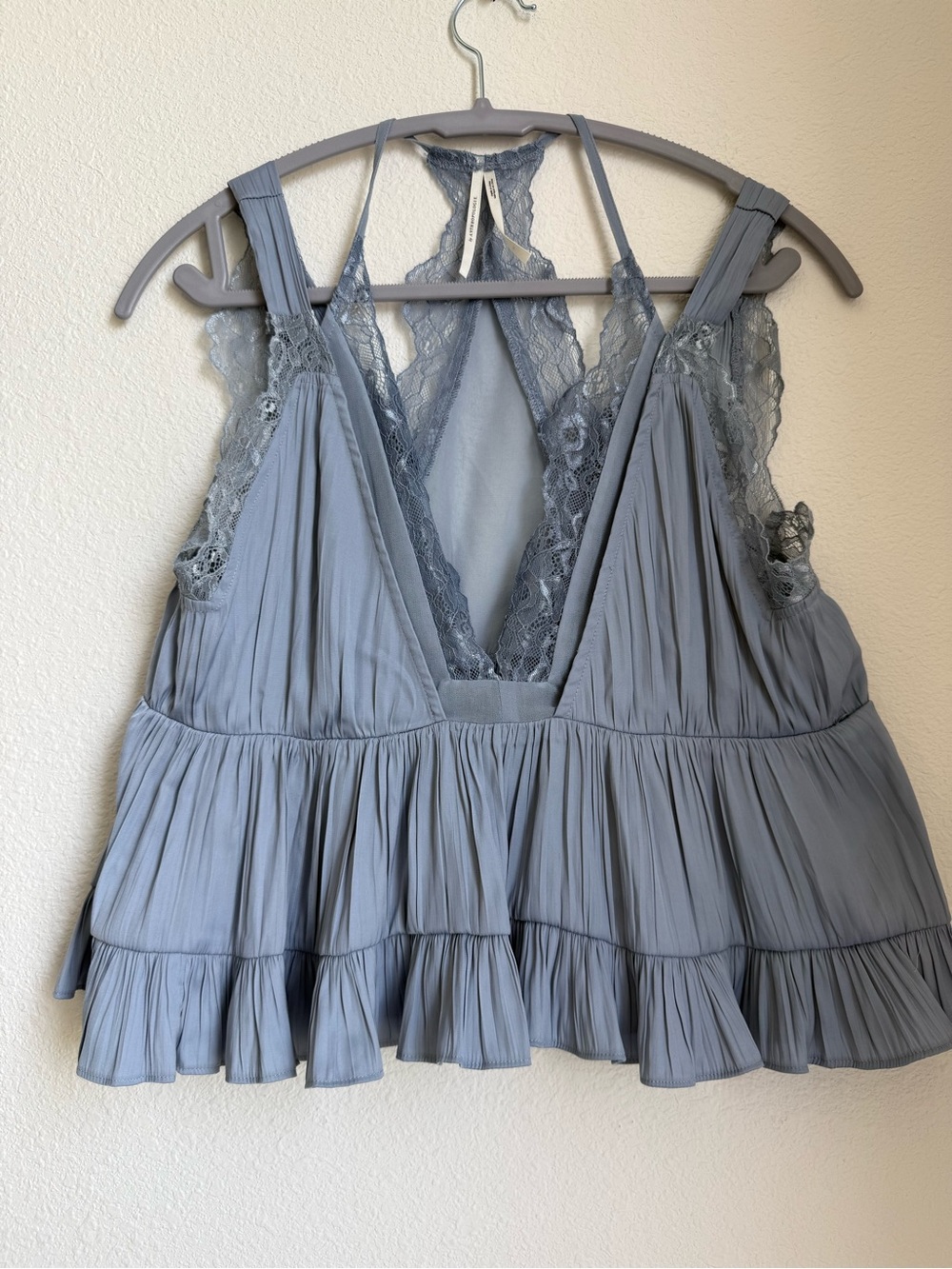 Anthropologie Lace-Trim Dusty Blue Pleated Cami Trapeze Swing Top w/ Racer Back